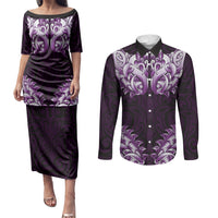 New Zealand Ta Moko Couples Matching Puletasi and Long Sleeve Button Shirt Aotearoa Maori Chest Tattoo Purple