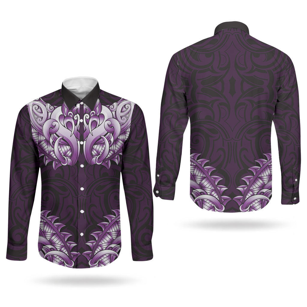 New Zealand Ta Moko Couples Matching Summer Maxi Dress and Long Sleeve Button Shirt Aotearoa Maori Chest Tattoo Purple