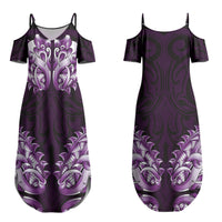 New Zealand Ta Moko Couples Matching Summer Maxi Dress and Long Sleeve Button Shirt Aotearoa Maori Chest Tattoo Purple