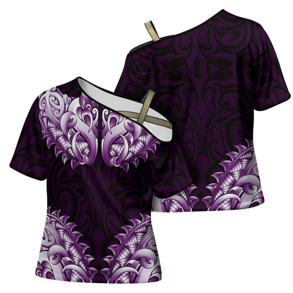 New Zealand Ta Moko Cross Shoulder Shirt Aotearoa Maori Chest Tattoo Purple