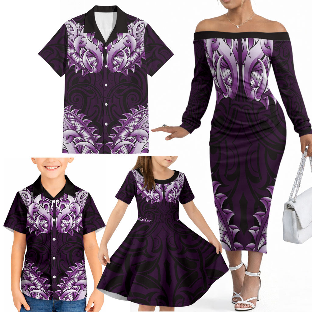 New Zealand Ta Moko Family Matching Off The Shoulder Long Sleeve Dress and Hawaiian Shirt Aotearoa Maori Chest Tattoo Purple LT14 - Polynesian Pride