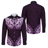New Zealand Ta Moko Family Matching Off The Shoulder Long Sleeve Dress and Hawaiian Shirt Aotearoa Maori Chest Tattoo Purple
