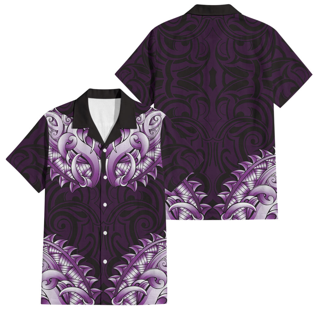 New Zealand Ta Moko Family Matching Off Shoulder Short Dress and Hawaiian Shirt Aotearoa Maori Chest Tattoo Purple