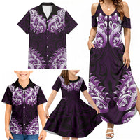 New Zealand Ta Moko Family Matching Summer Maxi Dress and Hawaiian Shirt Aotearoa Maori Chest Tattoo Purple