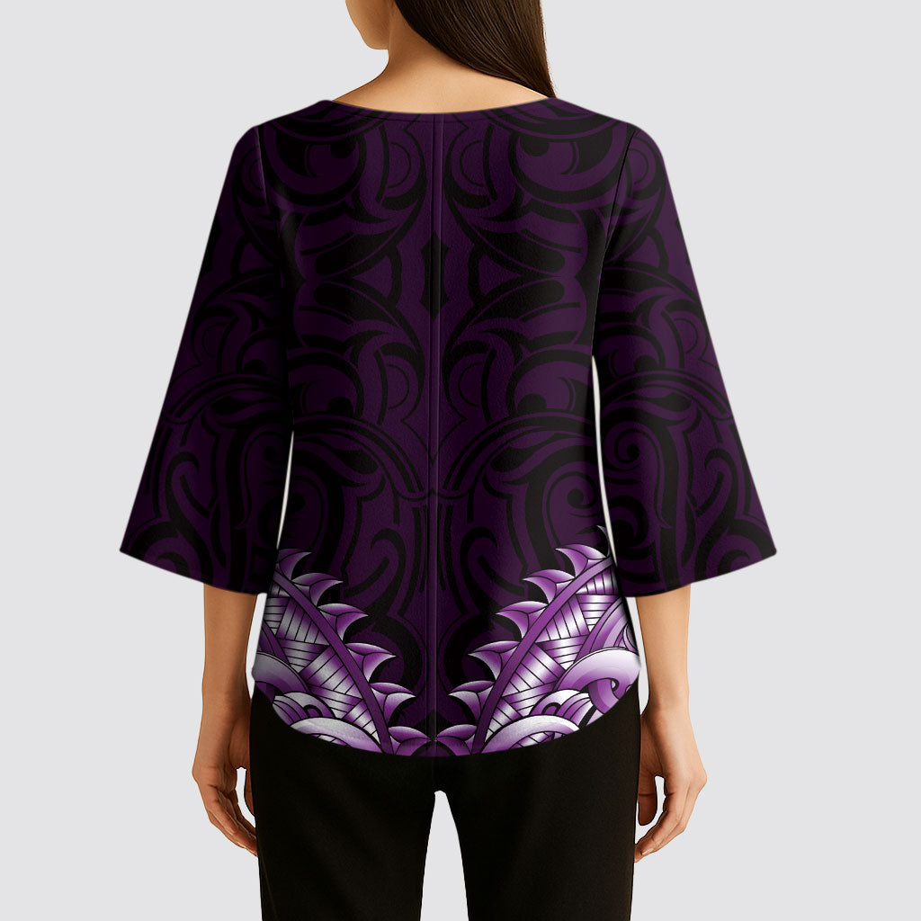 New Zealand Ta Moko Kimono Sleeve Blouse Aotearoa Maori Chest Tattoo Purple