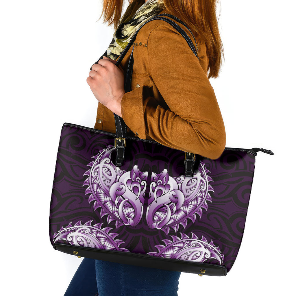 New Zealand Ta Moko Leather Tote Bag Aotearoa Maori Chest Tattoo Purple