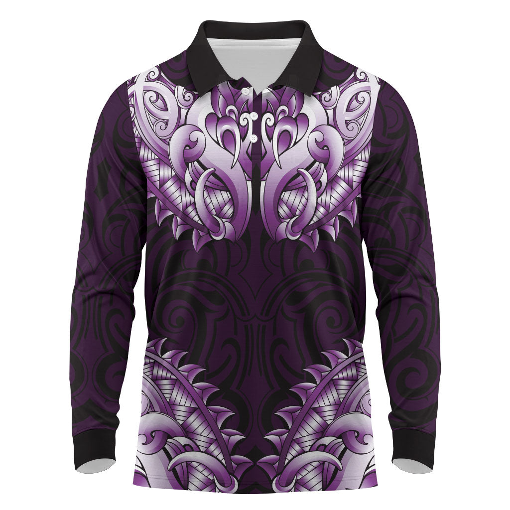 New Zealand Ta Moko Long Sleeve Polo Shirt Aotearoa Maori Chest Tattoo Purple