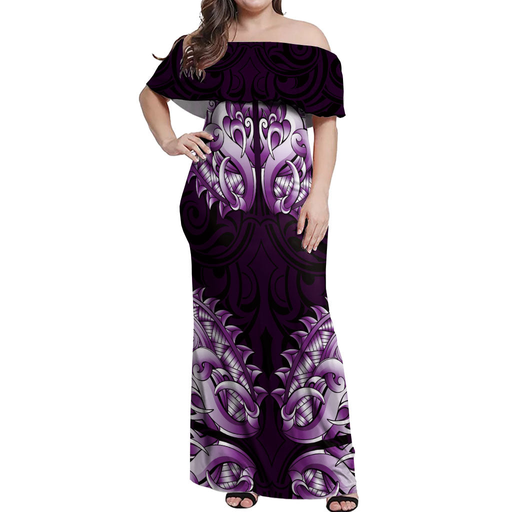 New Zealand Ta Moko Off Shoulder Maxi Dress Aotearoa Maori Chest Tattoo Purple