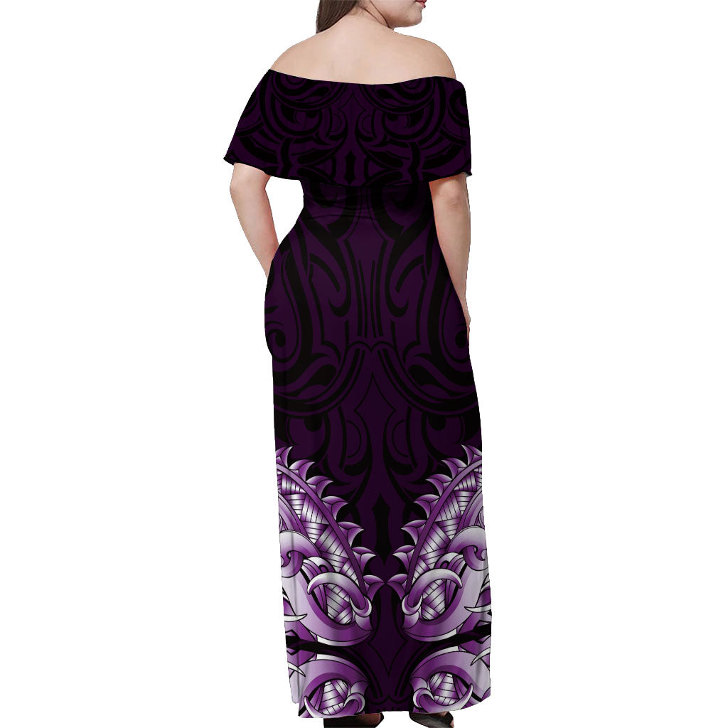 New Zealand Ta Moko Off Shoulder Maxi Dress Aotearoa Maori Chest Tattoo Purple