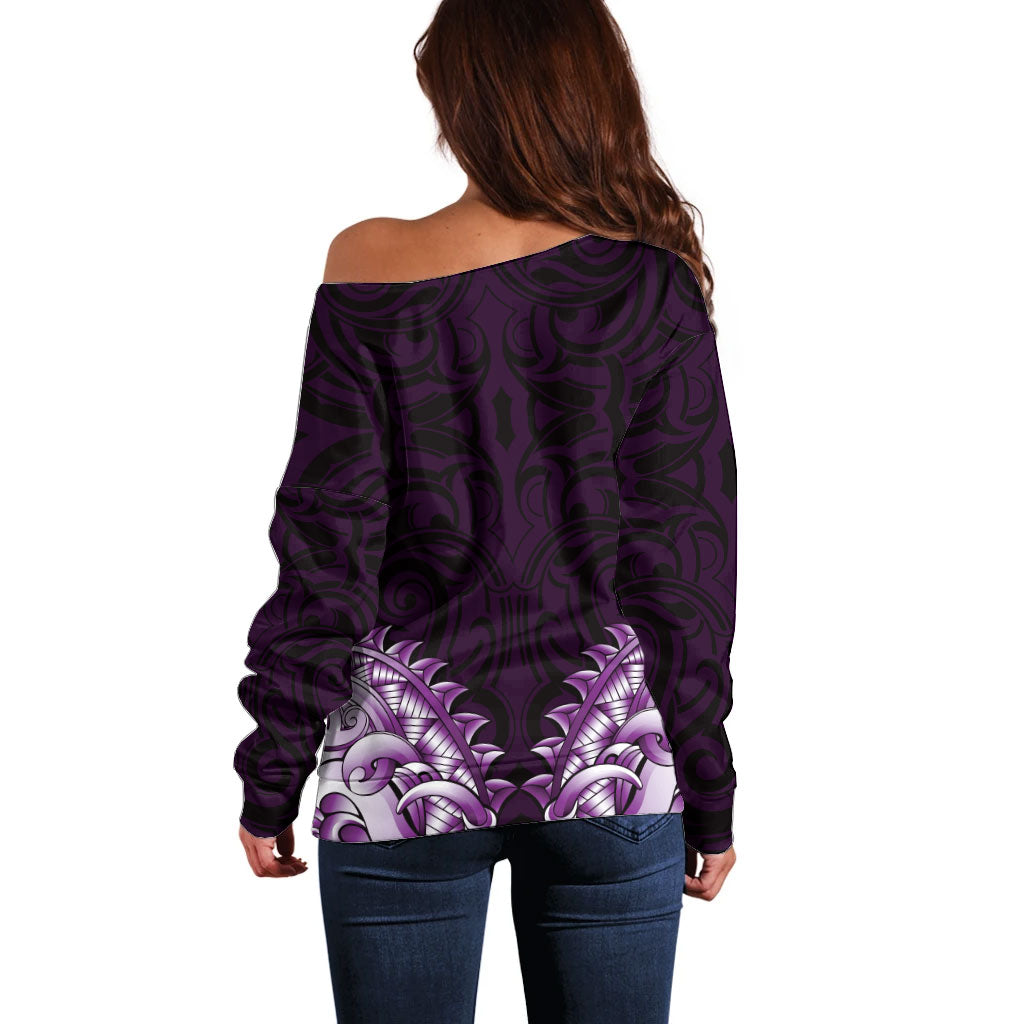 New Zealand Ta Moko Off Shoulder Sweater Aotearoa Maori Chest Tattoo Purple