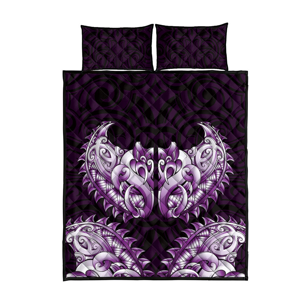 New Zealand Ta Moko Quilt Bed Set Aotearoa Maori Chest Tattoo Purple