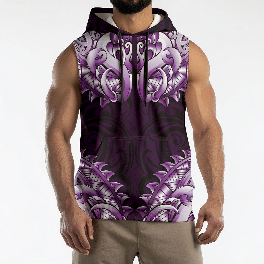 New Zealand Ta Moko Sleeveless Hoodie Aotearoa Maori Chest Tattoo Purple