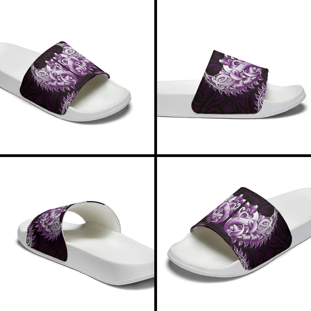 New Zealand Ta Moko Slide Sandals Aotearoa Maori Chest Tattoo Purple