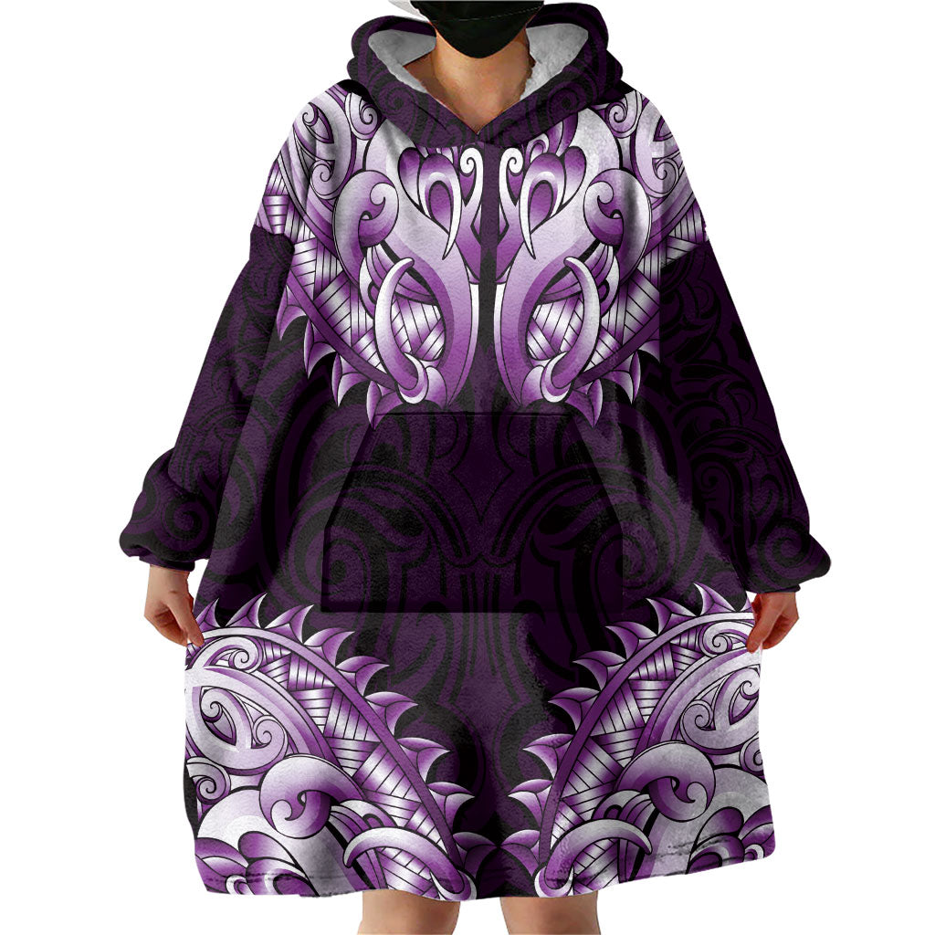 New Zealand Ta Moko Wearable Blanket Hoodie Aotearoa Maori Chest Tattoo Purple