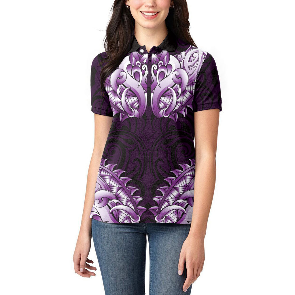 New Zealand Ta Moko Women Polo Shirt Aotearoa Maori Chest Tattoo Purple