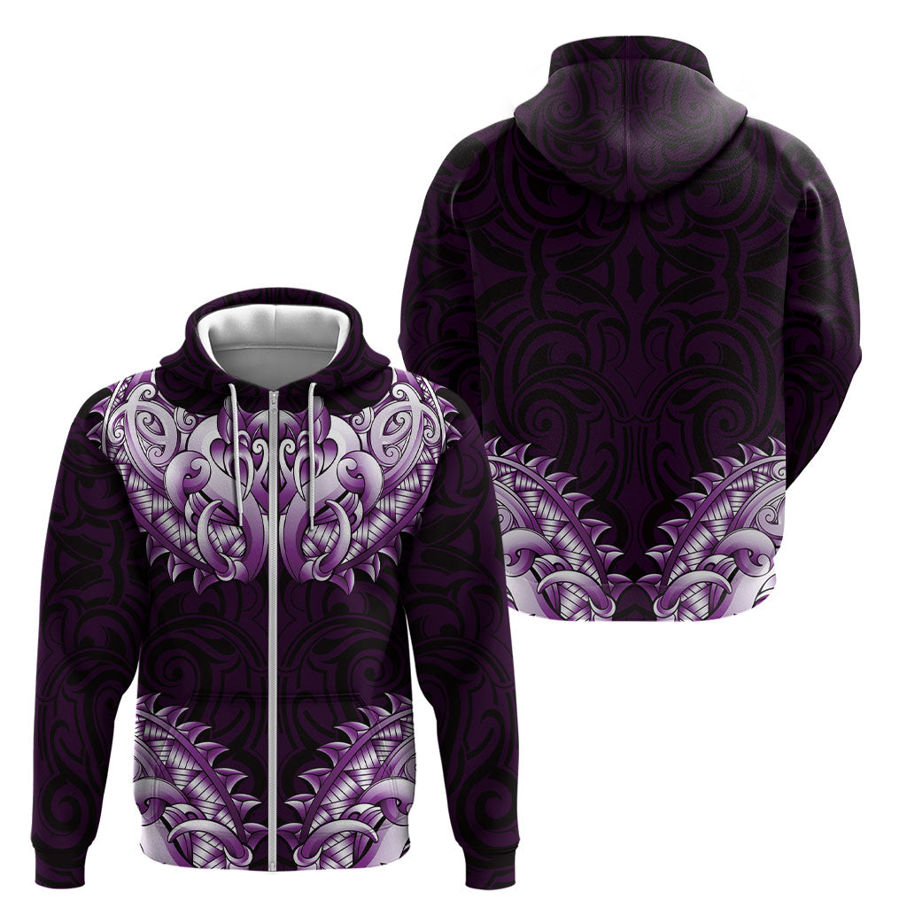 New Zealand Ta Moko Zip Hoodie Aotearoa Maori Chest Tattoo Purple