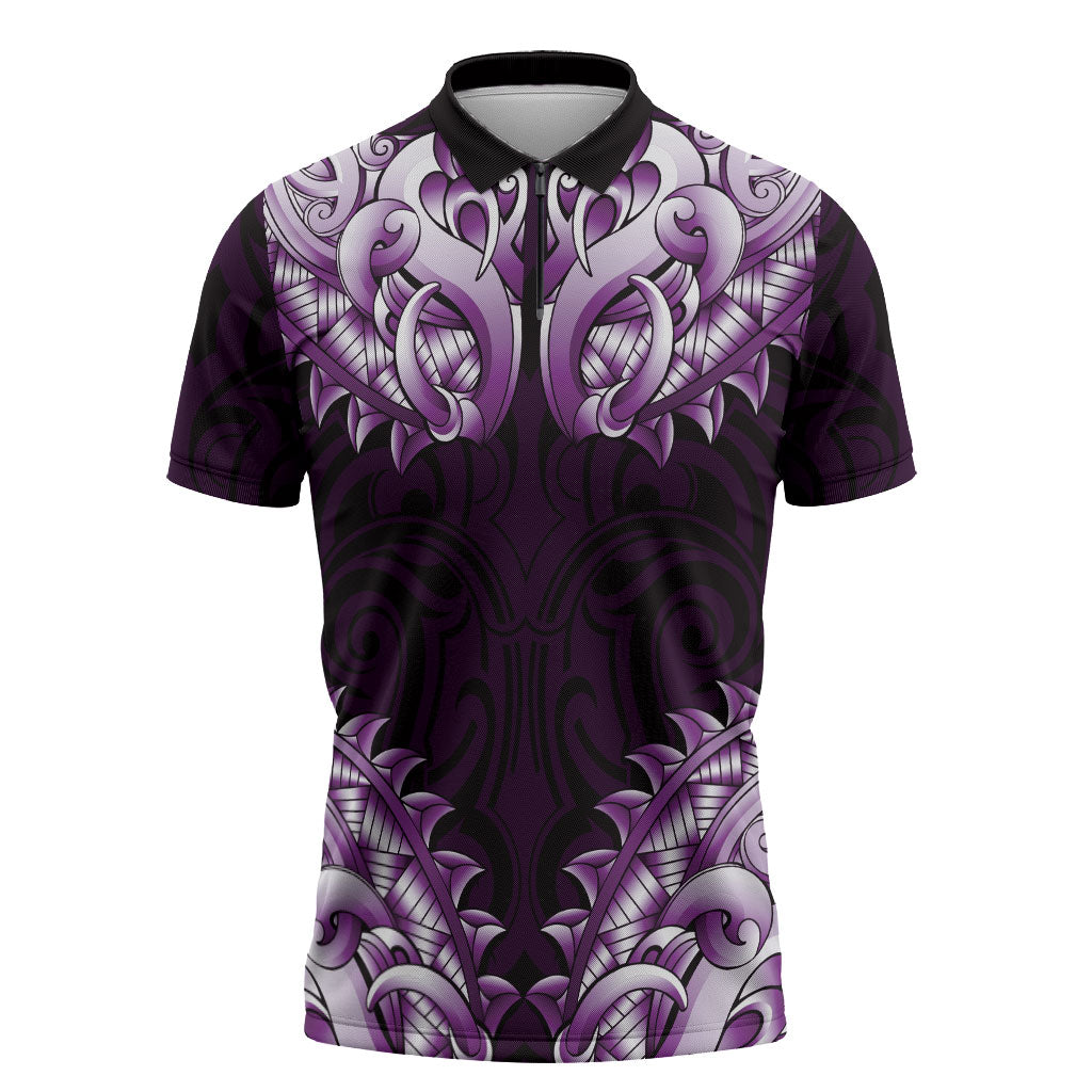 New Zealand Ta Moko Zipper Polo Shirt Aotearoa Maori Chest Tattoo Purple