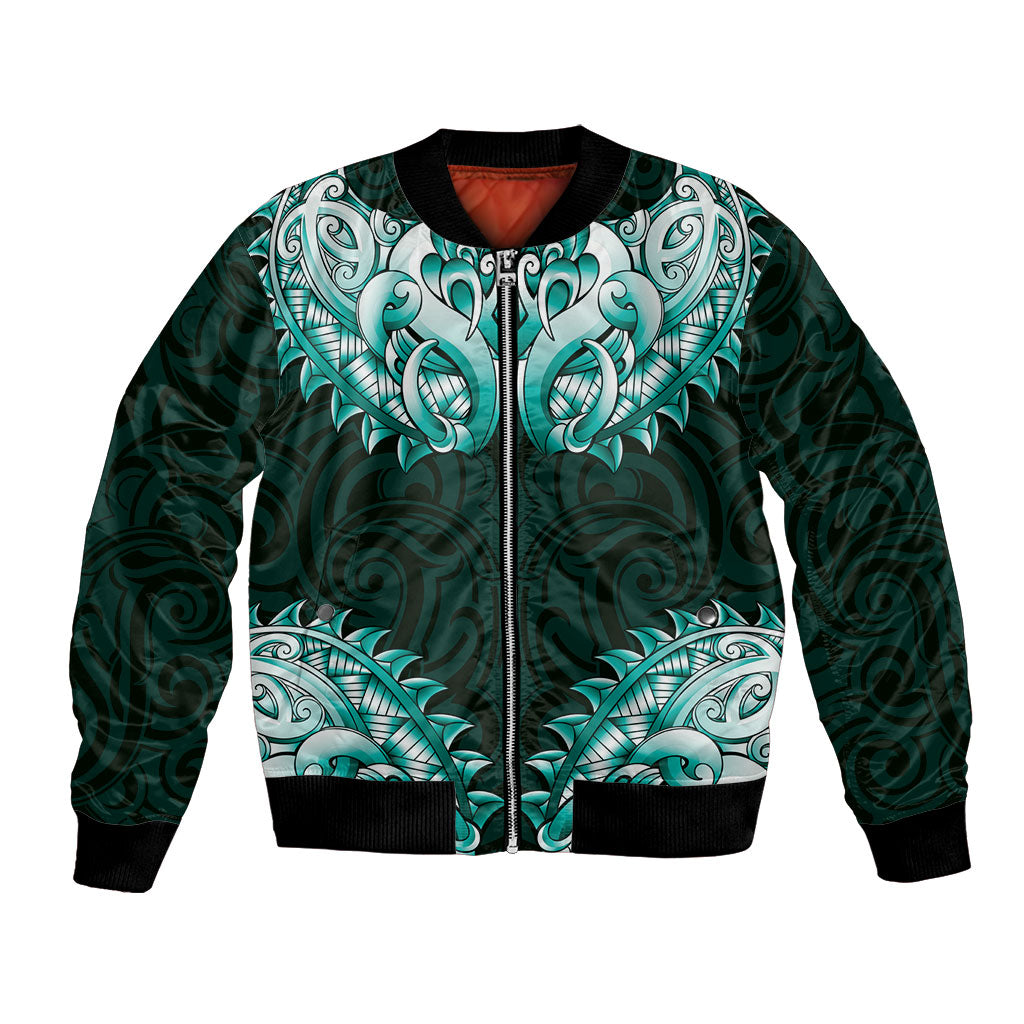 New Zealand Ta Moko Bomber Jacket Aotearoa Maori Chest Tattoo Turquoise