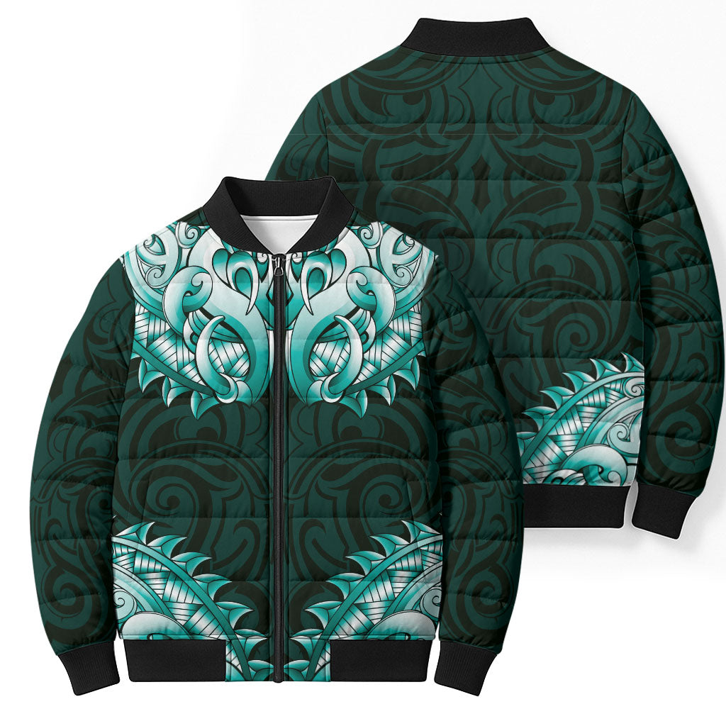 New Zealand Ta Moko Bomber Puffer Jacket Aotearoa Maori Chest Tattoo Turquoise