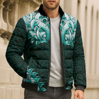New Zealand Ta Moko Bomber Puffer Jacket Aotearoa Maori Chest Tattoo Turquoise