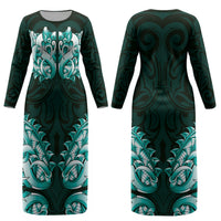 New Zealand Ta Moko Couples Matching Long Sleeve Bodycon Dress and Hawaiian Shirt Aotearoa Maori Chest Tattoo Turquoise