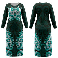 New Zealand Ta Moko Couples Matching Long Sleeve Bodycon Dress and Long Sleeve Button Shirt Aotearoa Maori Chest Tattoo Turquoise
