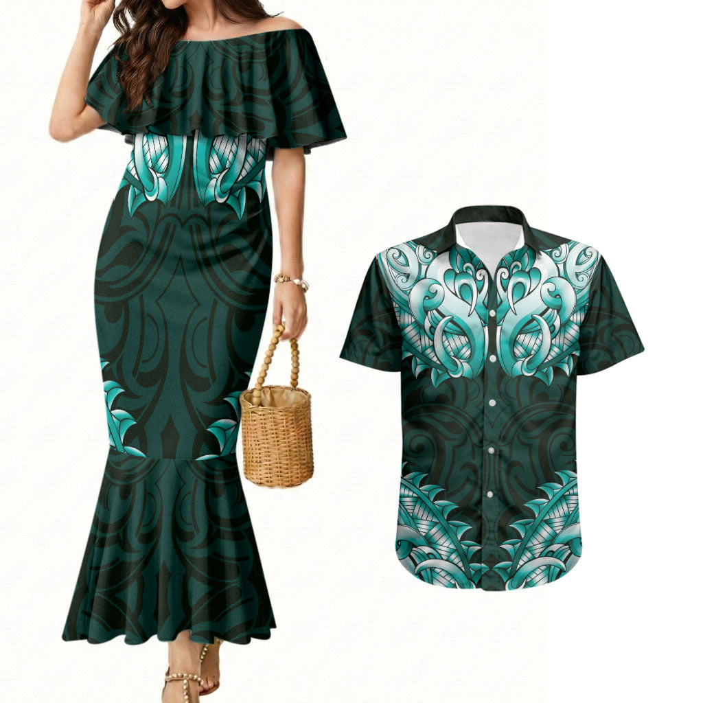 New Zealand Ta Moko Couples Matching Mermaid Dress and Hawaiian Shirt Aotearoa Maori Chest Tattoo Turquoise LT14 Turquoise - Polynesian Pride