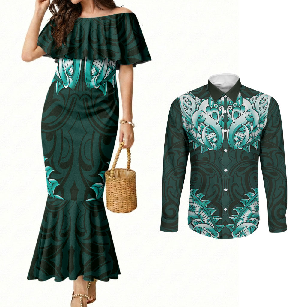 New Zealand Ta Moko Couples Matching Mermaid Dress and Long Sleeve Button Shirt Aotearoa Maori Chest Tattoo Turquoise