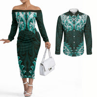 New Zealand Ta Moko Couples Matching Off The Shoulder Long Sleeve Dress and Long Sleeve Button Shirt Aotearoa Maori Chest Tattoo Turquoise