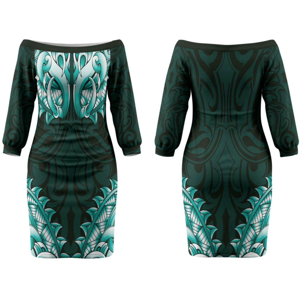New Zealand Ta Moko Couples Matching Off The Shoulder Long Sleeve Dress and Long Sleeve Button Shirt Aotearoa Maori Chest Tattoo Turquoise