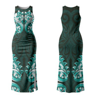 New Zealand Ta Moko Couples Matching Tank Maxi Dress and Hawaiian Shirt Aotearoa Maori Chest Tattoo Turquoise