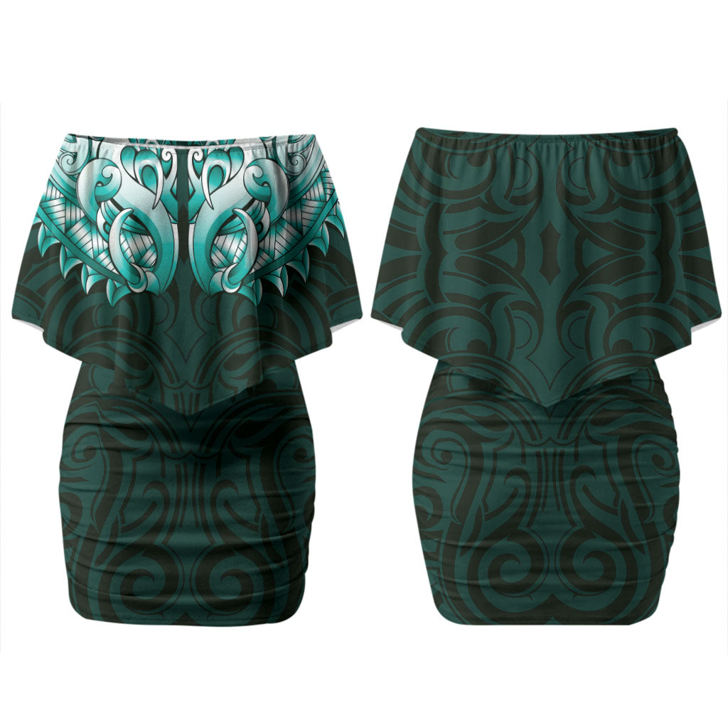 New Zealand Ta Moko Family Matching Off Shoulder Short Dress and Hawaiian Shirt Aotearoa Maori Chest Tattoo Turquoise