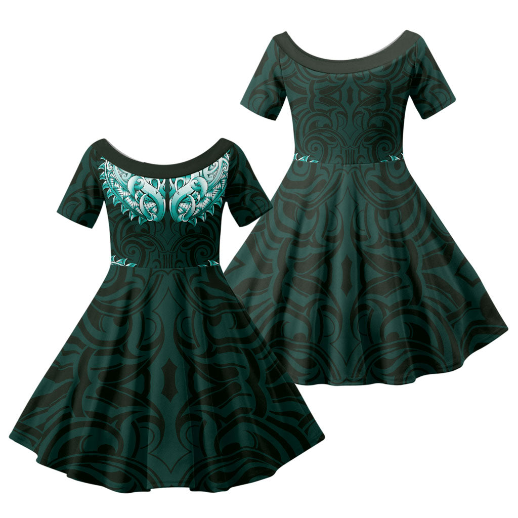 New Zealand Ta Moko Family Matching Off Shoulder Short Dress and Hawaiian Shirt Aotearoa Maori Chest Tattoo Turquoise