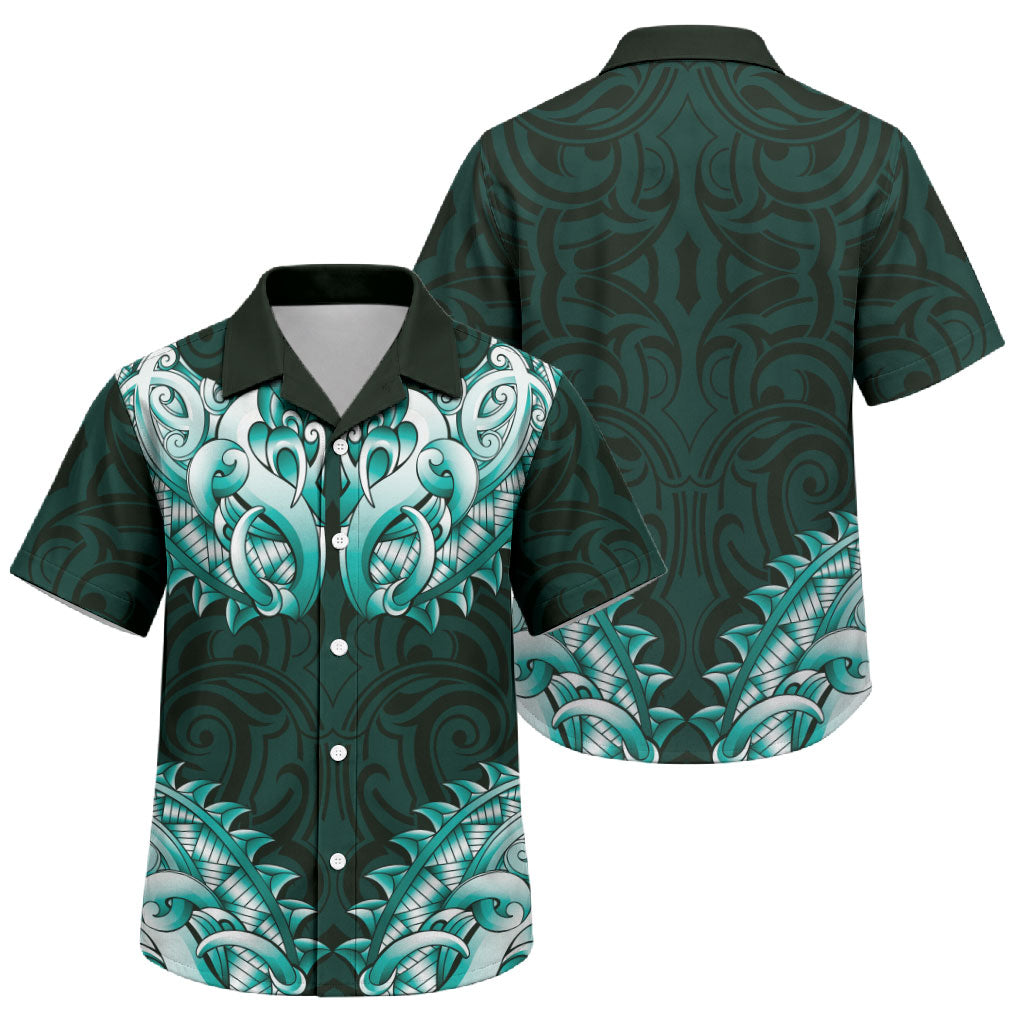 New Zealand Ta Moko Family Matching Off Shoulder Short Dress and Hawaiian Shirt Aotearoa Maori Chest Tattoo Turquoise