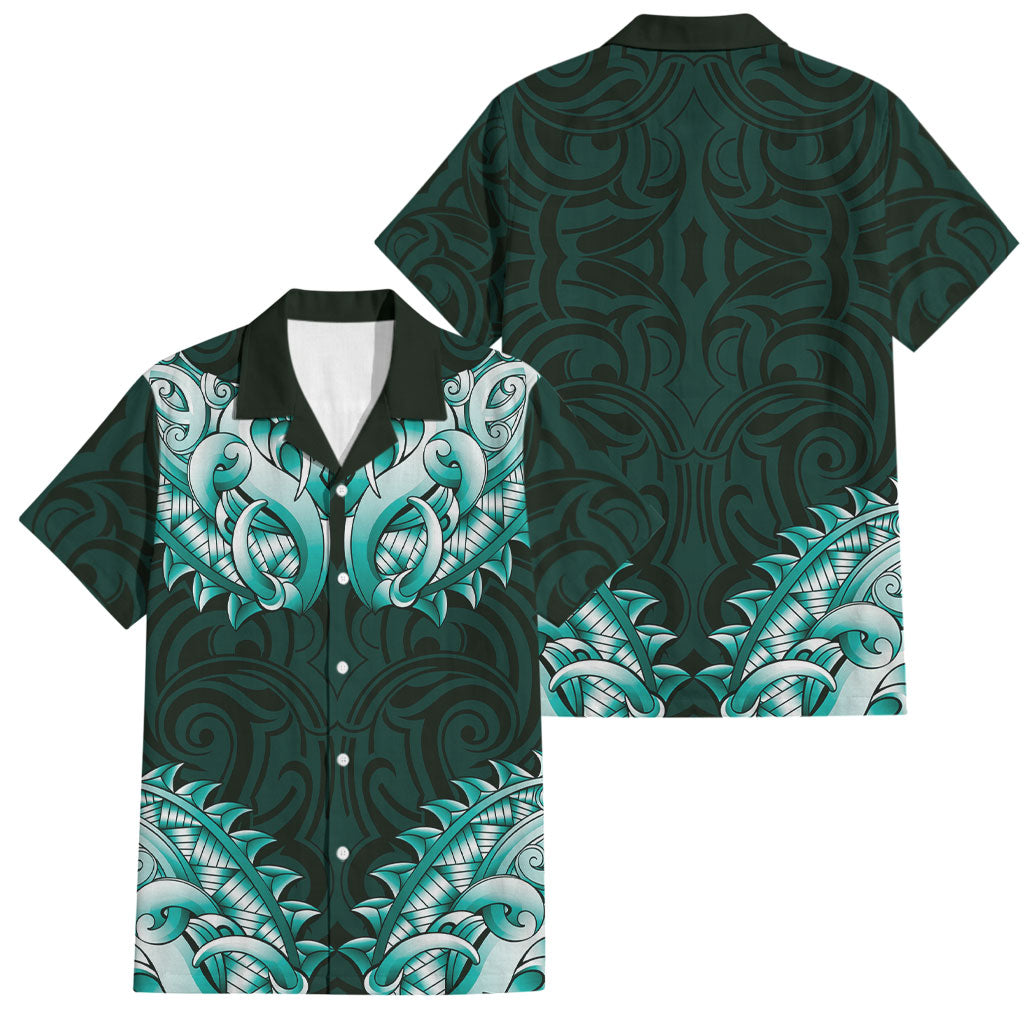 New Zealand Ta Moko Family Matching Puletasi and Hawaiian Shirt Aotearoa Maori Chest Tattoo Turquoise