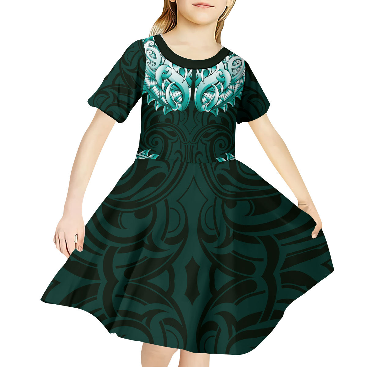 New Zealand Ta Moko Kid Short Sleeve Dress Aotearoa Maori Chest Tattoo Turquoise