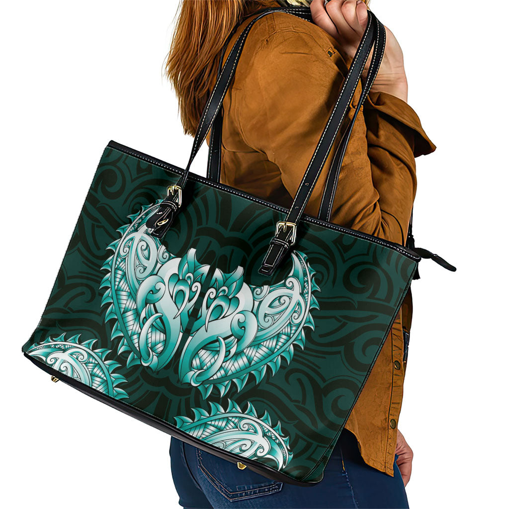 New Zealand Ta Moko Leather Tote Bag Aotearoa Maori Chest Tattoo Turquoise