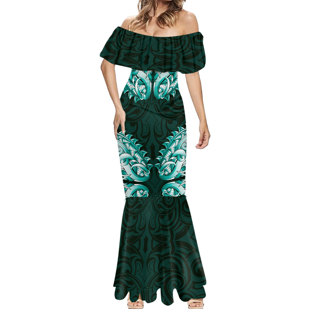 New Zealand Ta Moko Mermaid Dress Aotearoa Maori Chest Tattoo Turquoise