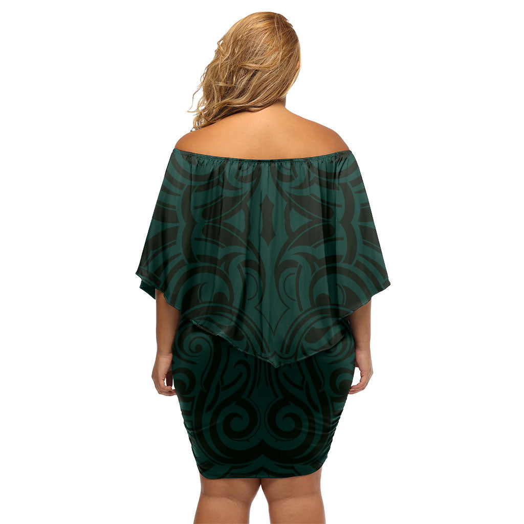 New Zealand Ta Moko Off Shoulder Short Dress Aotearoa Maori Chest Tattoo Turquoise