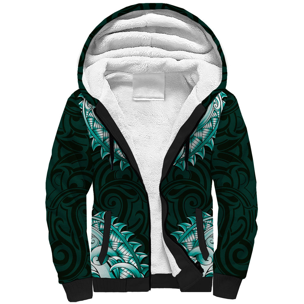 New Zealand Ta Moko Sherpa Hoodie Aotearoa Maori Chest Tattoo Turquoise