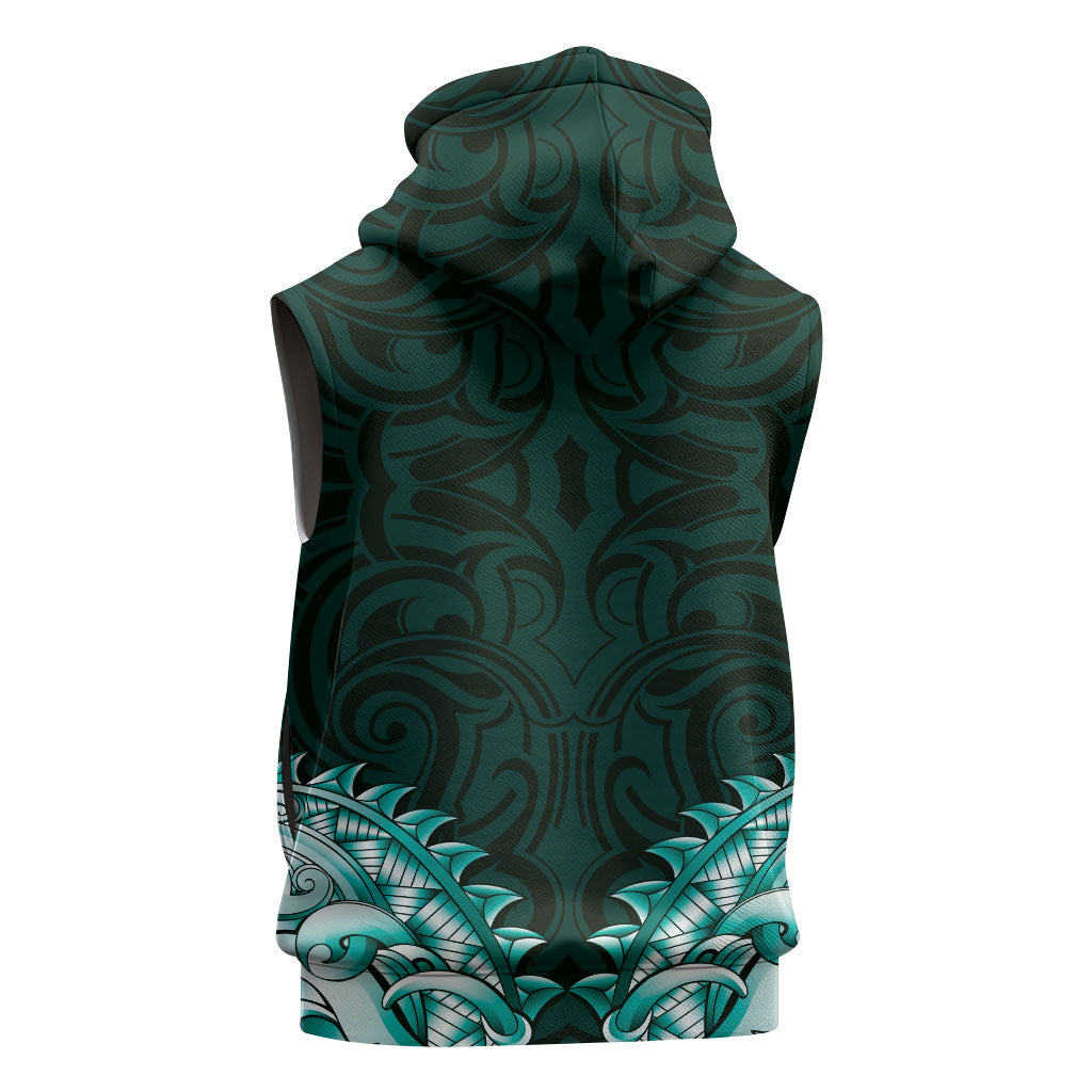 New Zealand Ta Moko Sleeveless Zip Hoodie Aotearoa Maori Chest Tattoo Turquoise