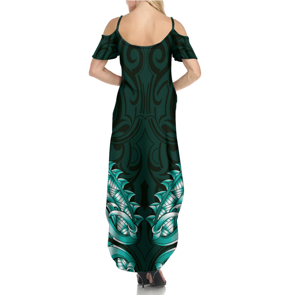New Zealand Ta Moko Summer Maxi Dress Aotearoa Maori Chest Tattoo Turquoise