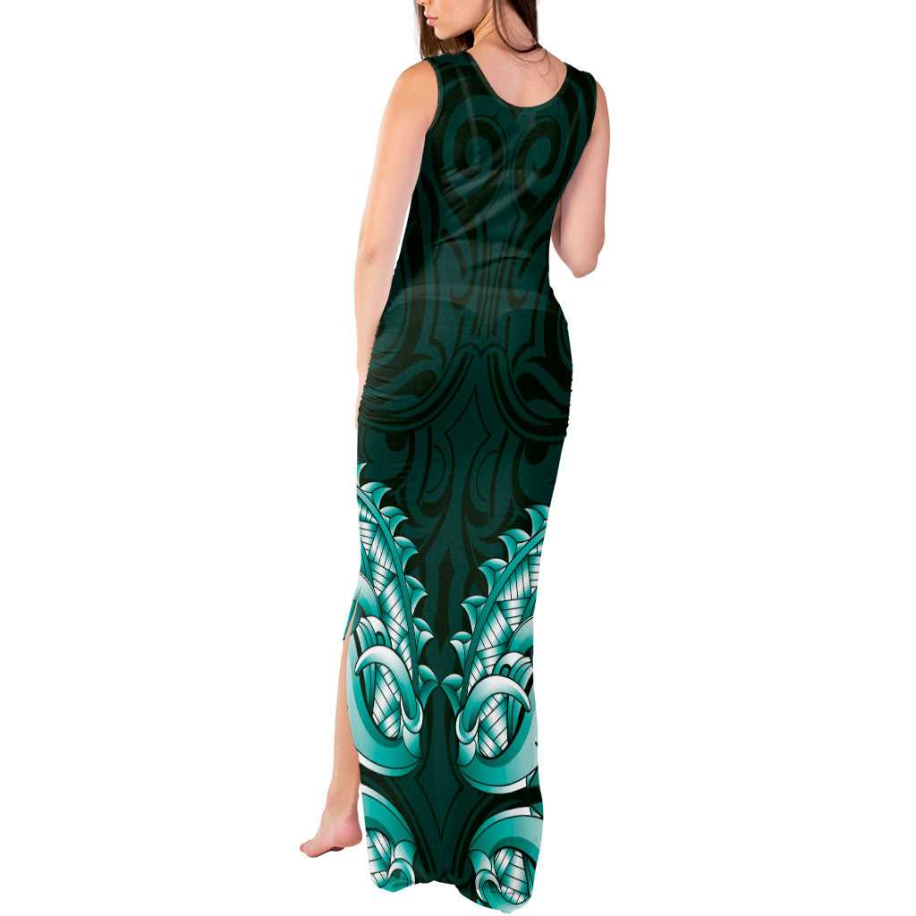New Zealand Ta Moko Tank Maxi Dress Aotearoa Maori Chest Tattoo Turquoise