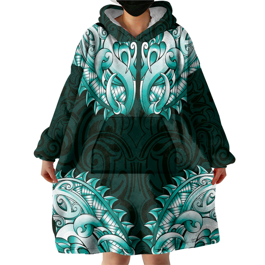 New Zealand Ta Moko Wearable Blanket Hoodie Aotearoa Maori Chest Tattoo Turquoise