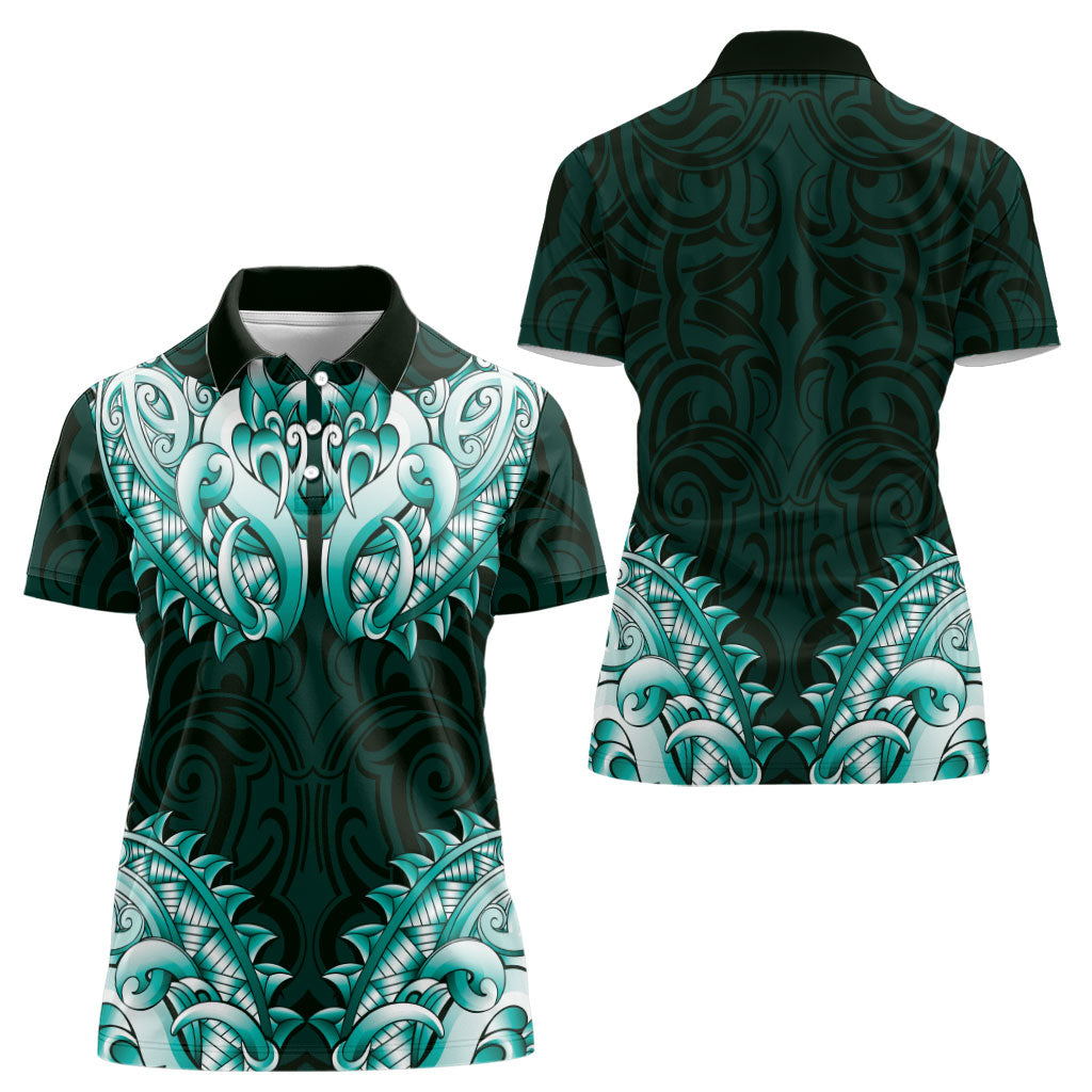 New Zealand Ta Moko Women Polo Shirt Aotearoa Maori Chest Tattoo Turquoise