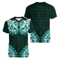New Zealand Ta Moko Women V-Neck T-Shirt Aotearoa Maori Chest Tattoo Turquoise