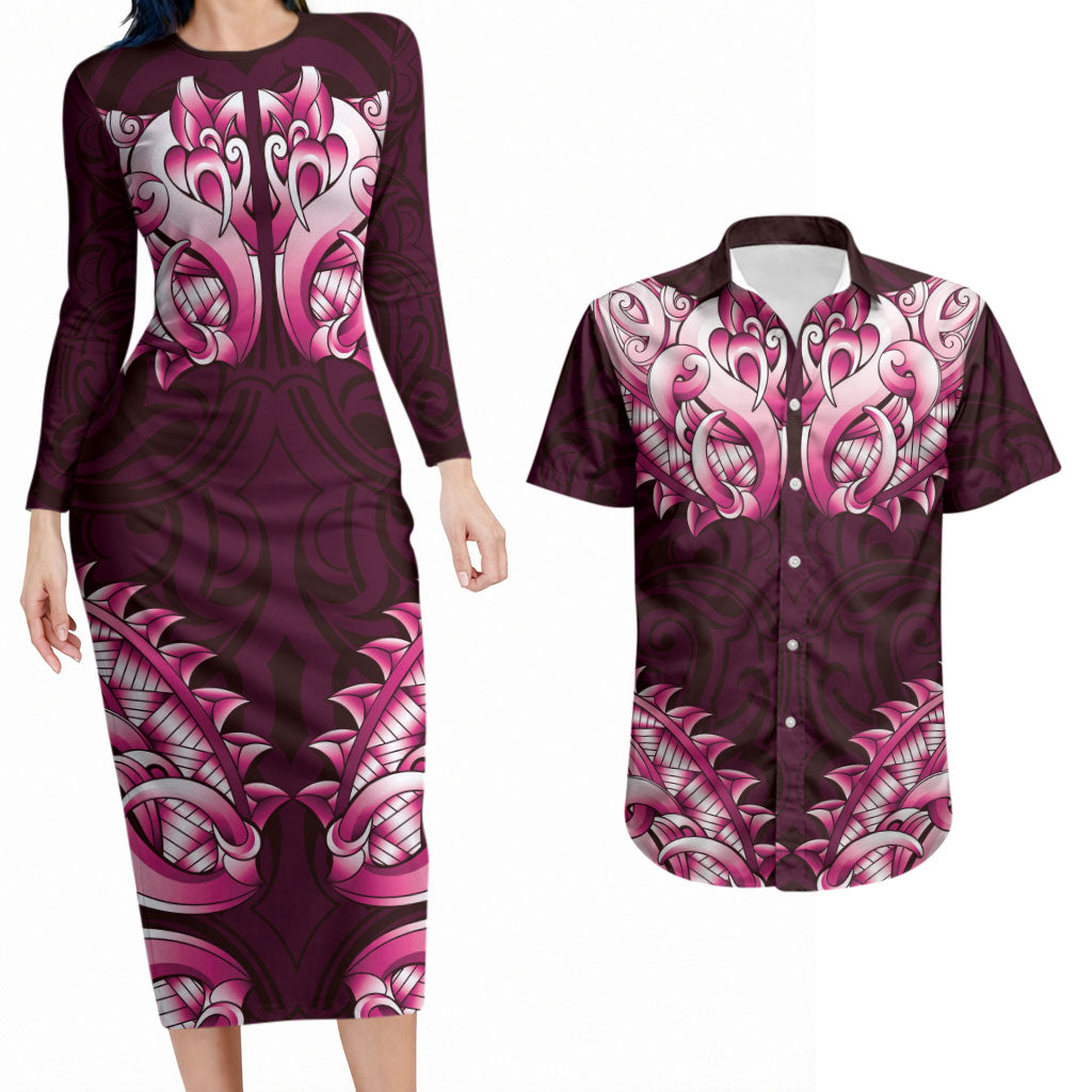 New Zealand Ta Moko Couples Matching Long Sleeve Bodycon Dress and Hawaiian Shirt Aotearoa Maori Chest Tattoo Pink