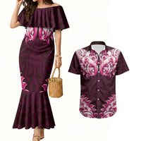 New Zealand Ta Moko Couples Matching Mermaid Dress and Hawaiian Shirt Aotearoa Maori Chest Tattoo Pink