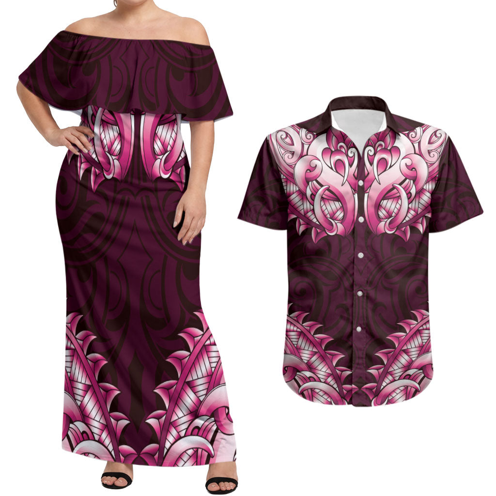New Zealand Ta Moko Couples Matching Off Shoulder Maxi Dress and Hawaiian Shirt Aotearoa Maori Chest Tattoo Pink