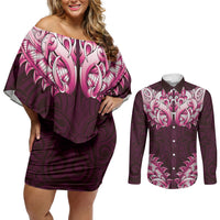 New Zealand Ta Moko Couples Matching Off Shoulder Short Dress and Long Sleeve Button Shirt Aotearoa Maori Chest Tattoo Pink